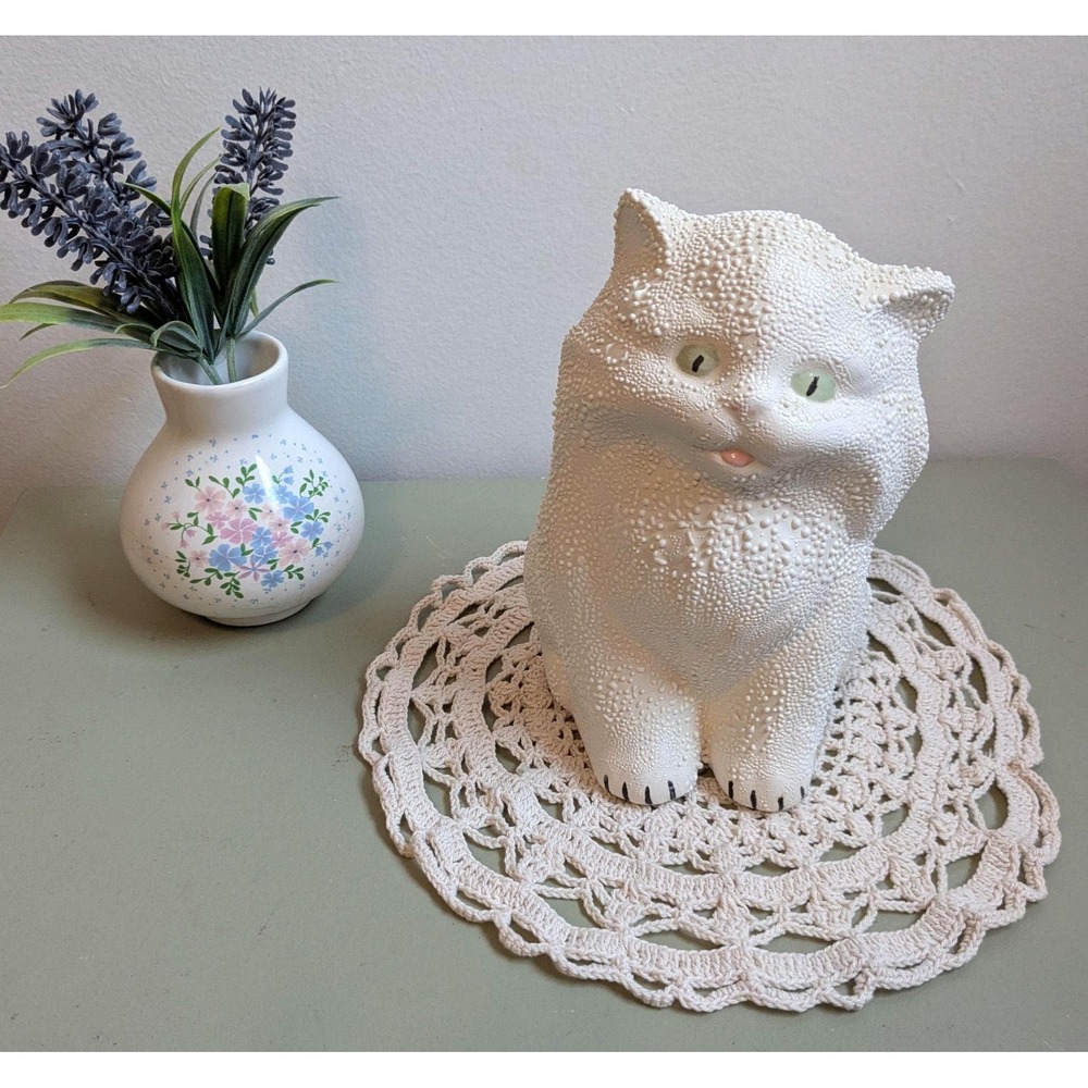 Vintage White‎ Textured Cat Figurine, Popcorn Ceramic Cat, Kitsch Cat Statue